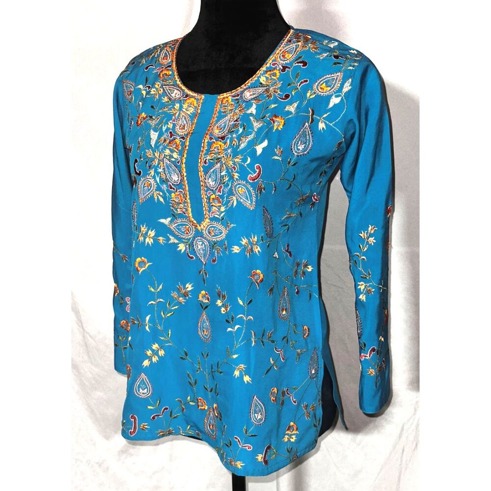 Indian Sari Blouse, Tribal Tunic, Turquoise Blue Gold Embroidery, Size 38